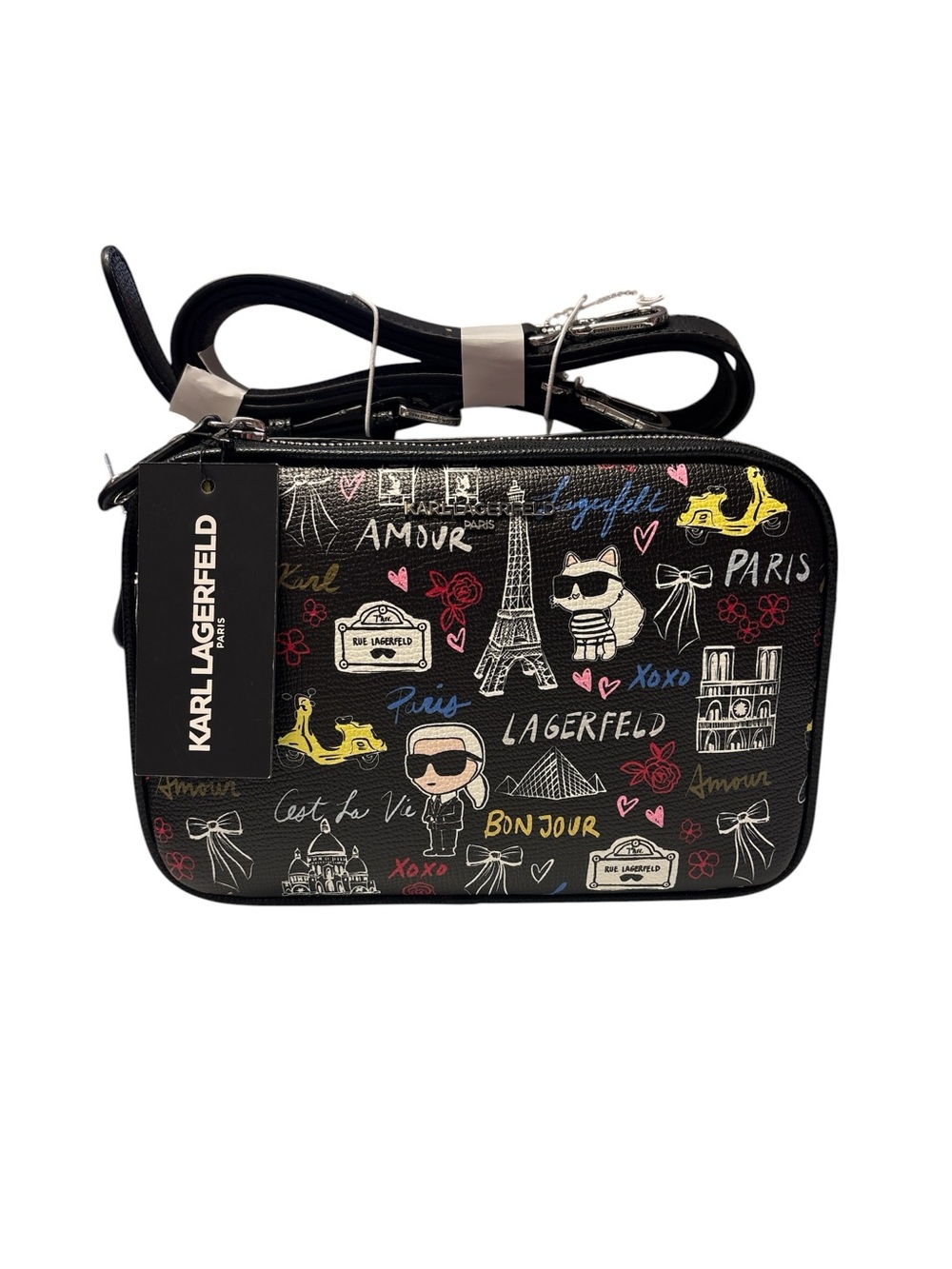 Karl Lagerfeld Black Multicolor Paris-Print Crossbody Bag Double Zipper NWT